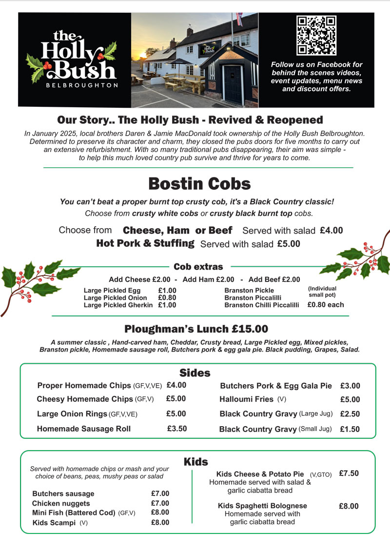 The Hollybush Belbroughton Menu side 1