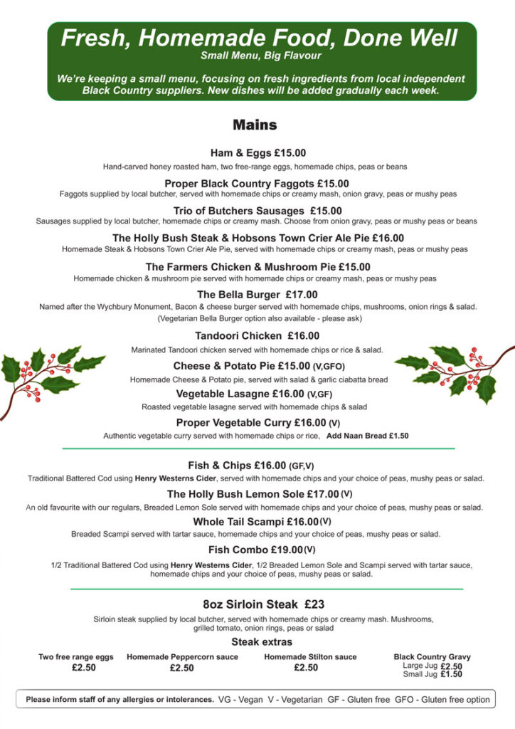 The Hollybush Belbroughton Menu side 2